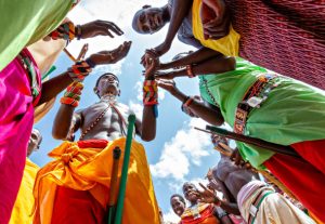 Samburu, Kenya - June 25, 2019: Samburu people in traditional dresses perform local dance in Samburu, Kenya